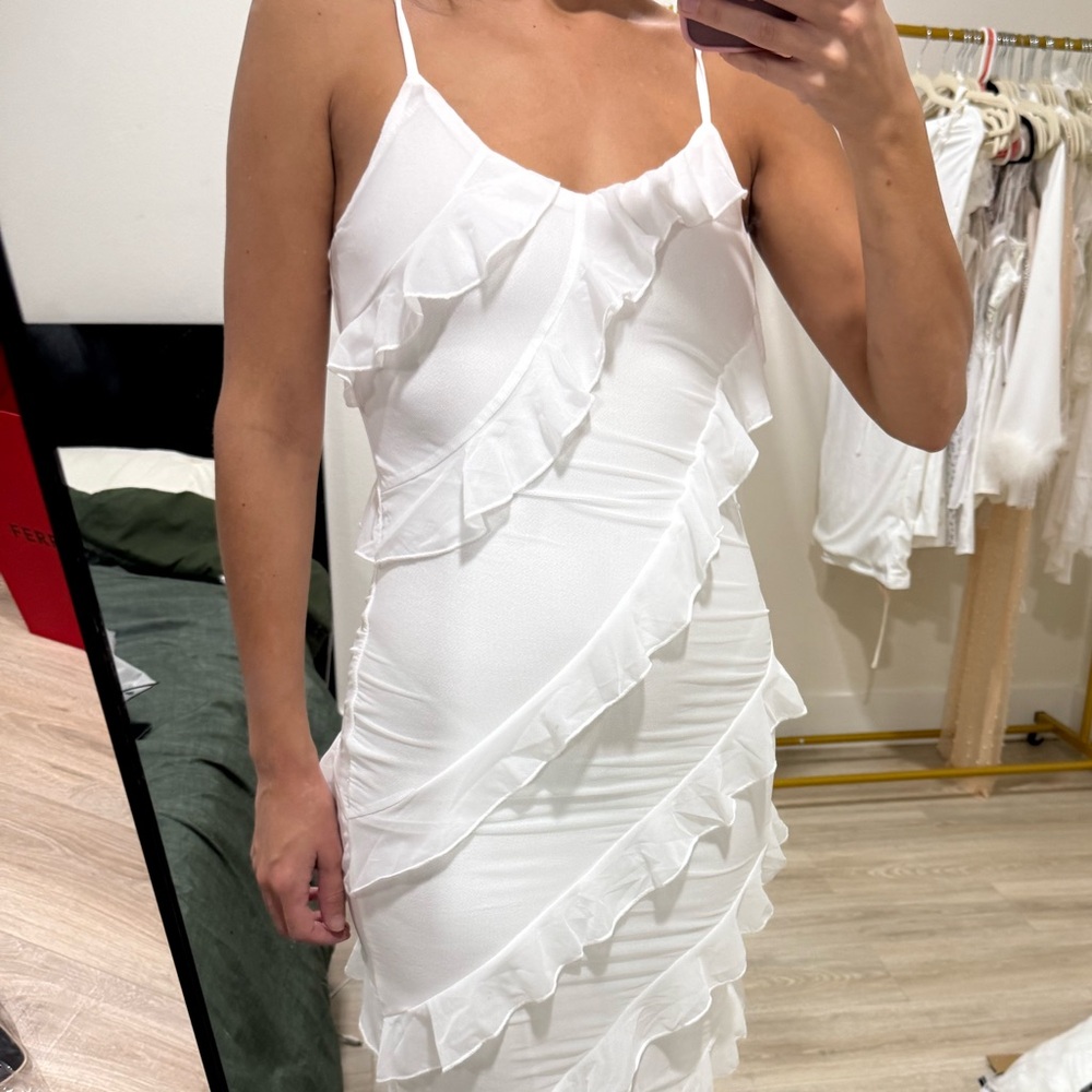 white bridal dress!! white midi ruffle dress!